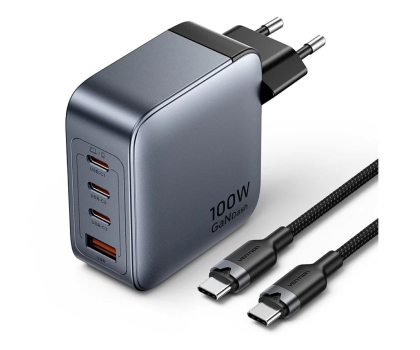 Ładowarka i akumulator Vention Ładowarka 100W GaN 1x USB-A 3x USB-C + kabel USB-C do USB-C